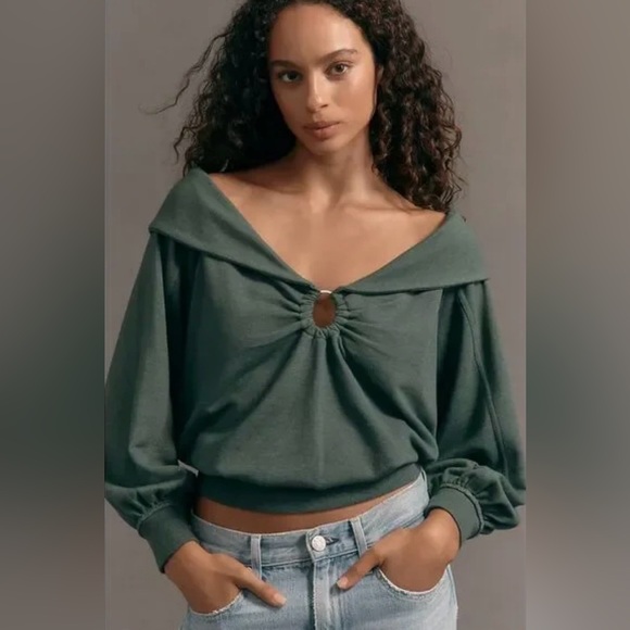 Anthropologie Sweaters - Pilcro Anthropologie Teal Off-Shoulder O-Ring Top